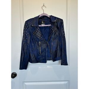 Lena Gabrielle Blue Studded Crackled Faux Leather Jacket Size 10